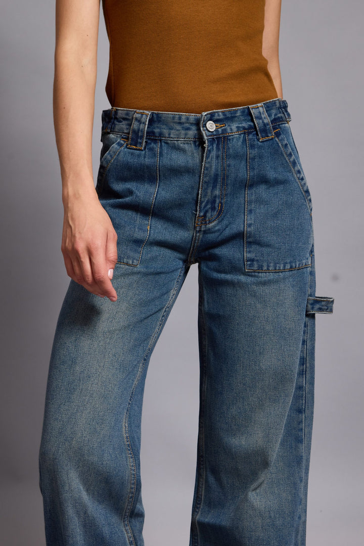 KATIE- STRAIGHT LEG CARGO PANTS IN BLUE DENIM