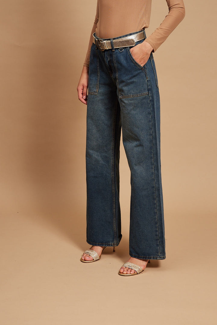 CATHARINE- STRAIGHT LEG CARGO PANTS IN BLUE DENIM