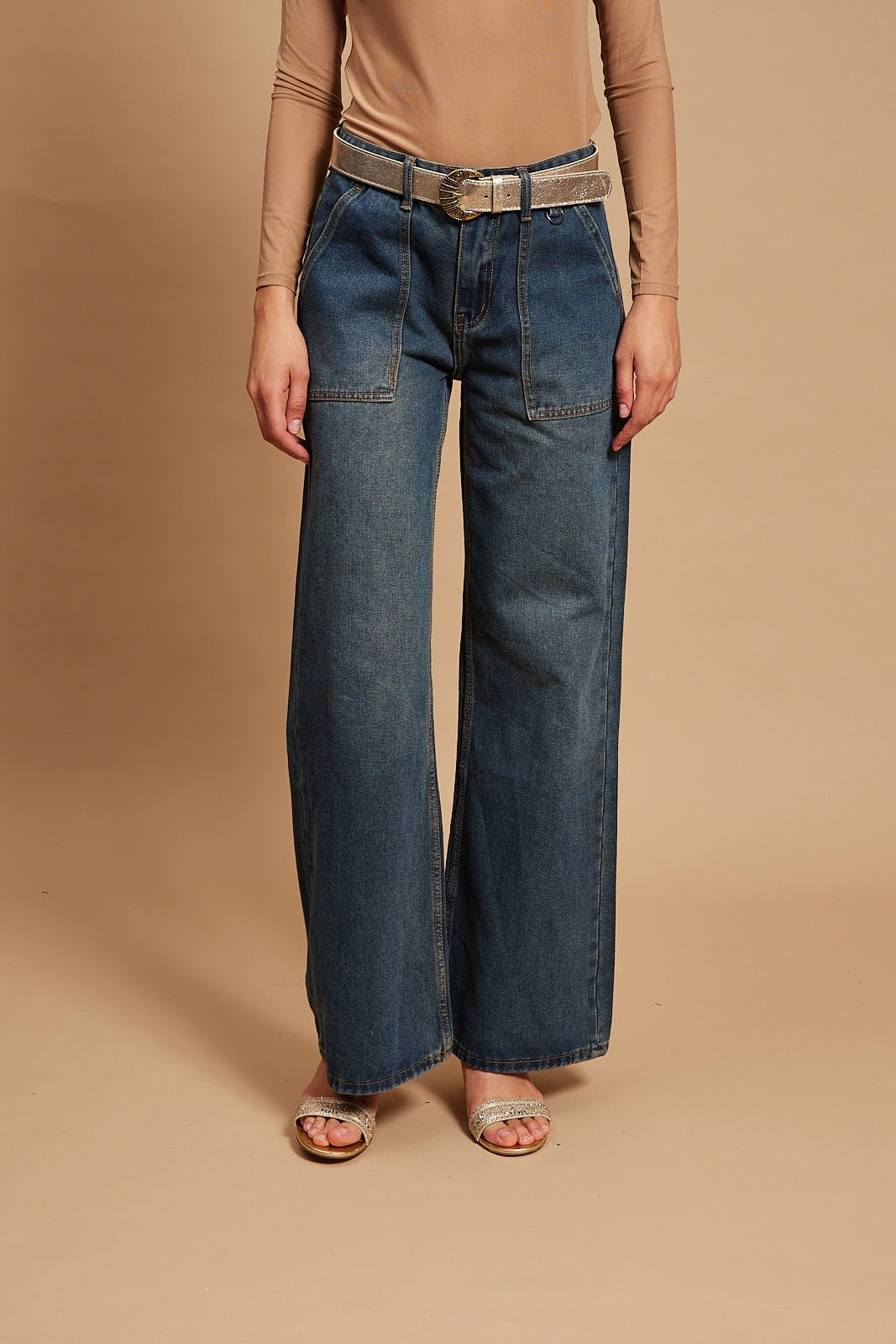 CATHARINE- STRAIGHT LEG CARGO PANTS IN BLUE DENIM