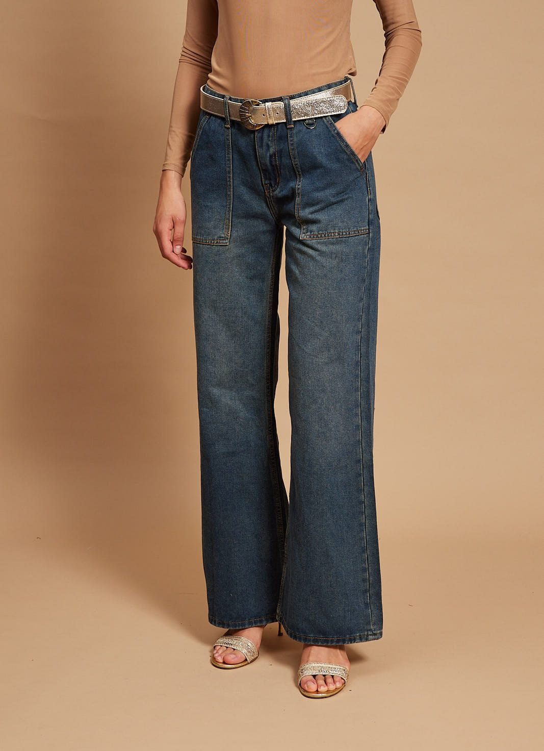 CATHARINE- STRAIGHT LEG CARGO PANTS IN BLUE DENIM