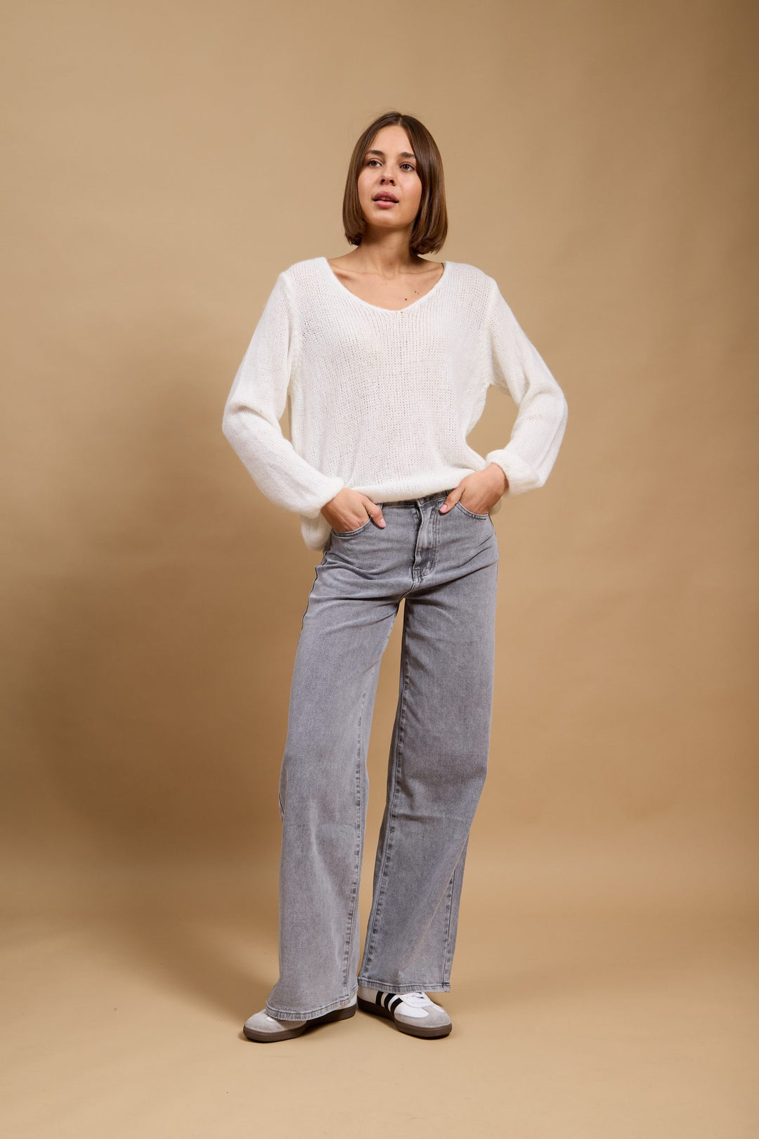 MILA -FLARE HIGH RISE WIDE LEG JEANS IN GREY