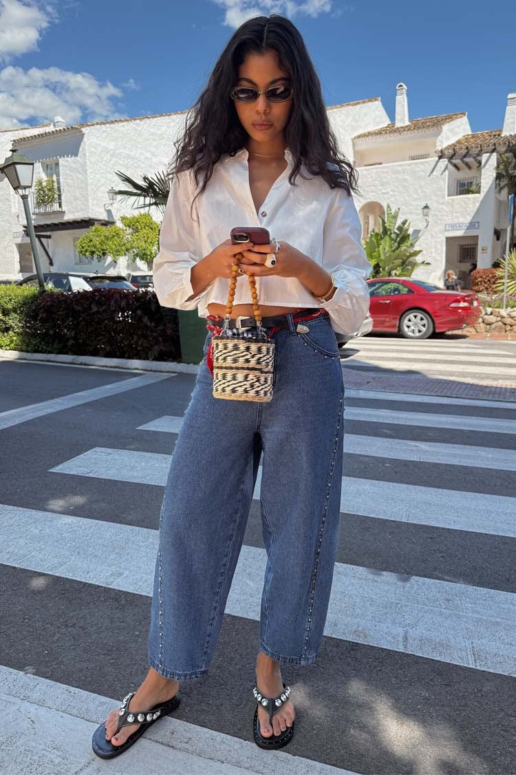 Blue Studded Barrel Jeans