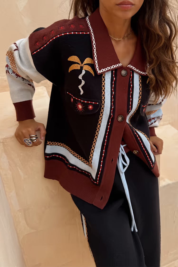 geometric knit cardigan with embroidery detail
