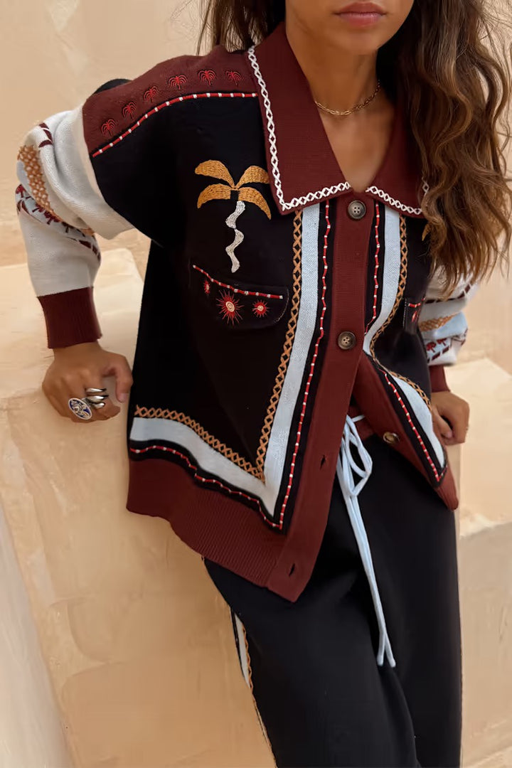 geometric knit cardigan with embroidery detail