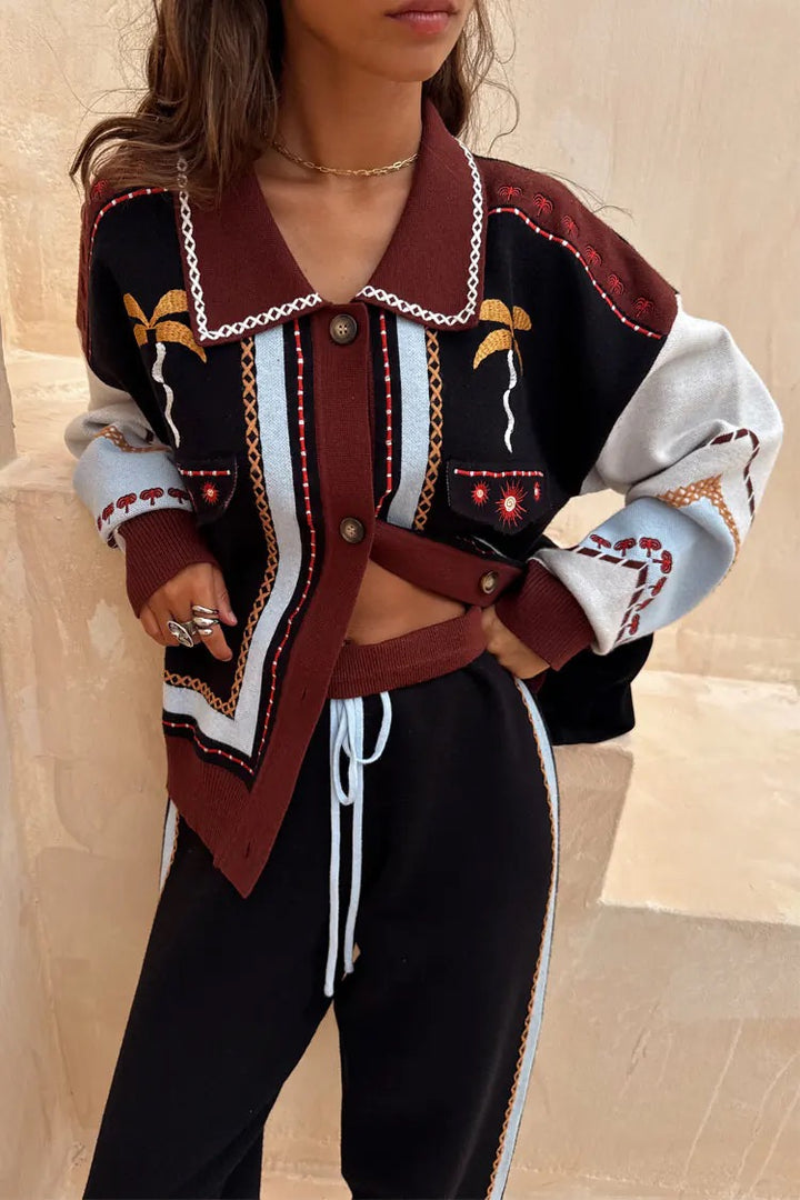 geometric knit cardigan with embroidery detail