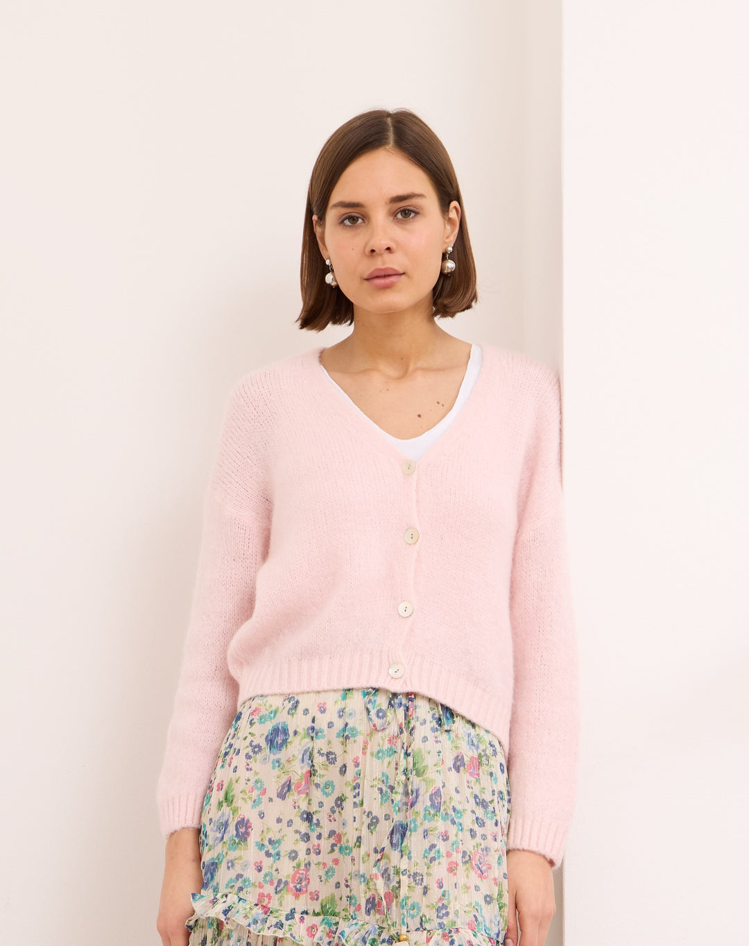 NELLA- BUTTON EMBELLISHED RIBBED KNIT CARDIGAN IN PALE PINK