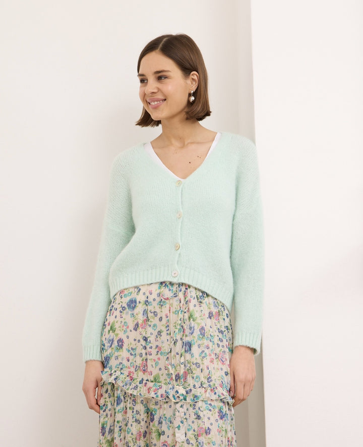 NELLA- BUTTON EMBELLISHED RIBBED KNIT CARDIGAN IN MINT