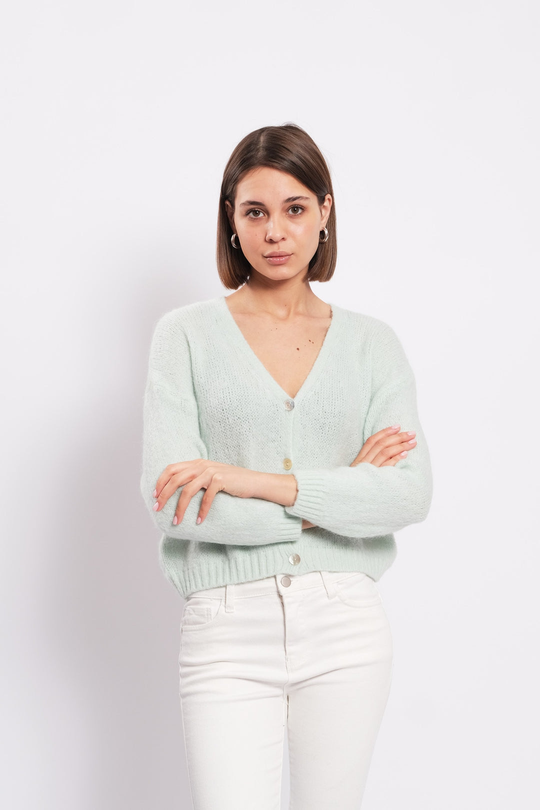 NELLA- BUTTON EMBELLISHED RIBBED KNIT CARDIGAN IN MINT