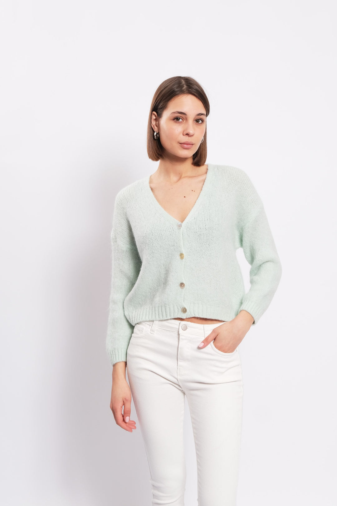 NELLA- BUTTON EMBELLISHED RIBBED KNIT CARDIGAN IN MINT