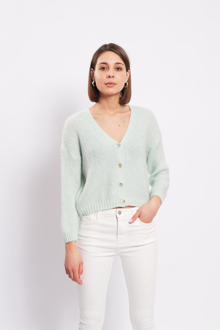 NELLA- BUTTON EMBELLISHED RIBBED KNIT CARDIGAN IN MINT