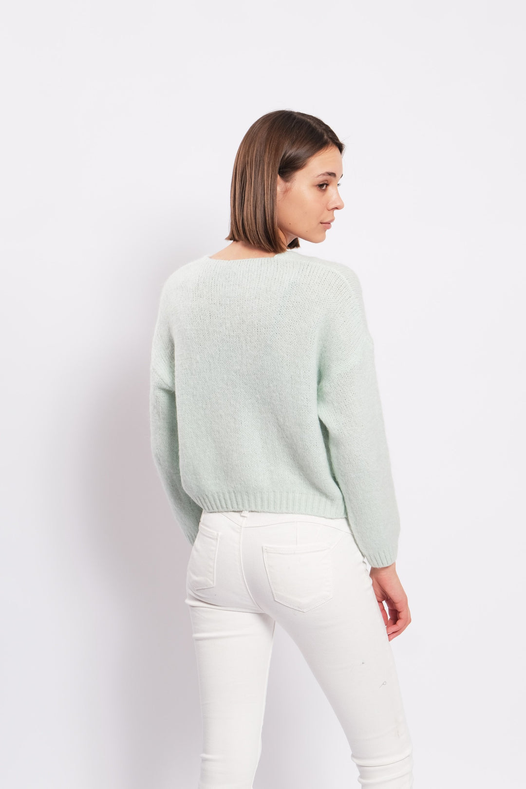 NELLA- BUTTON EMBELLISHED RIBBED KNIT CARDIGAN IN MINT