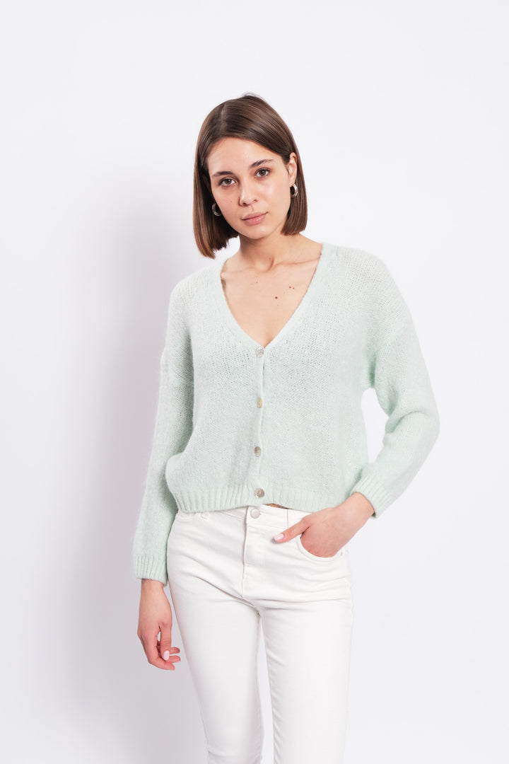 NELLA- BUTTON EMBELLISHED RIBBED KNIT CARDIGAN IN MINT