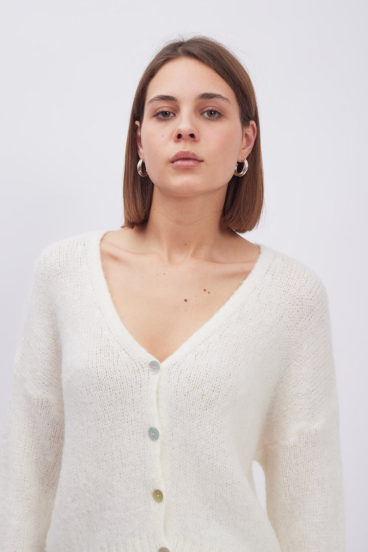 NELLA- BUTTON-EMBELLISHED RIBBED-KNIT CARDIGAN IN ECRU