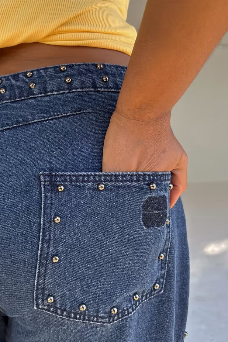 Blue Studded Barrel Jeans