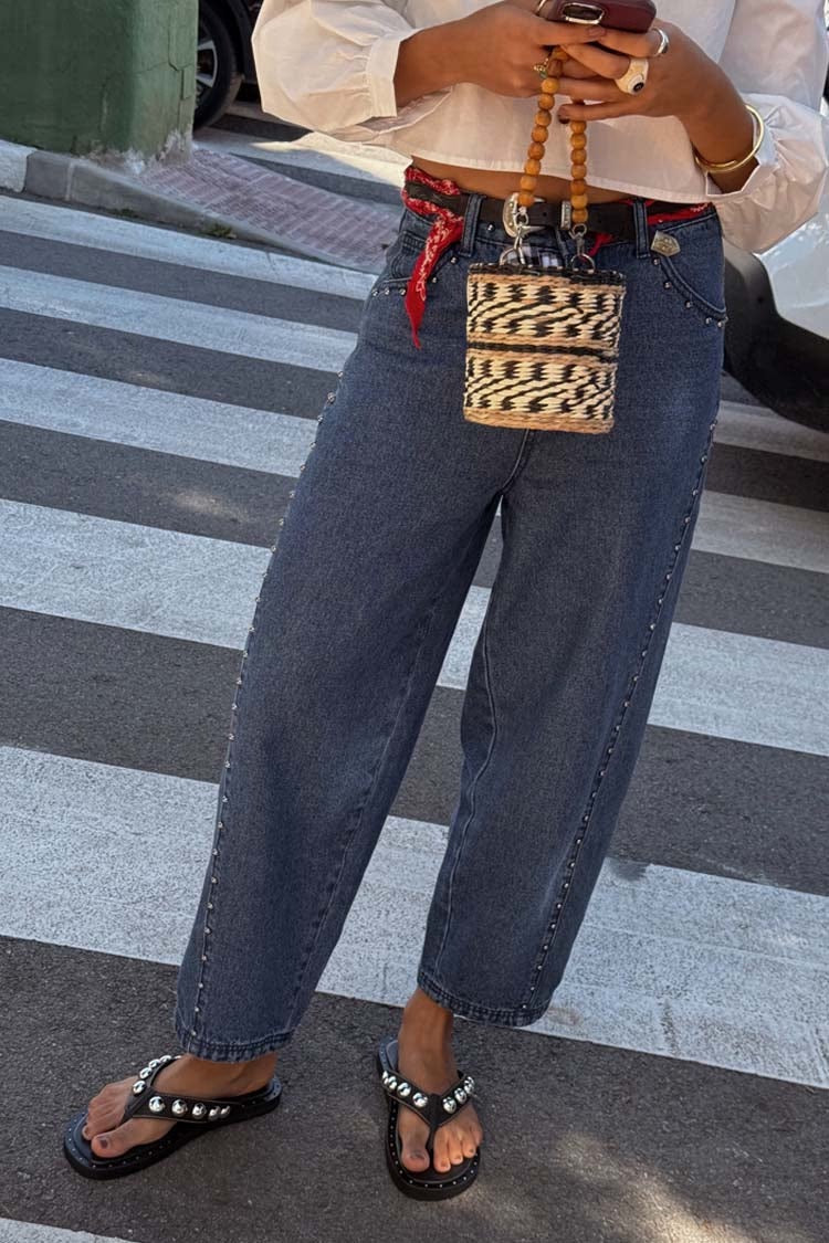 Blue Studded Barrel Jeans