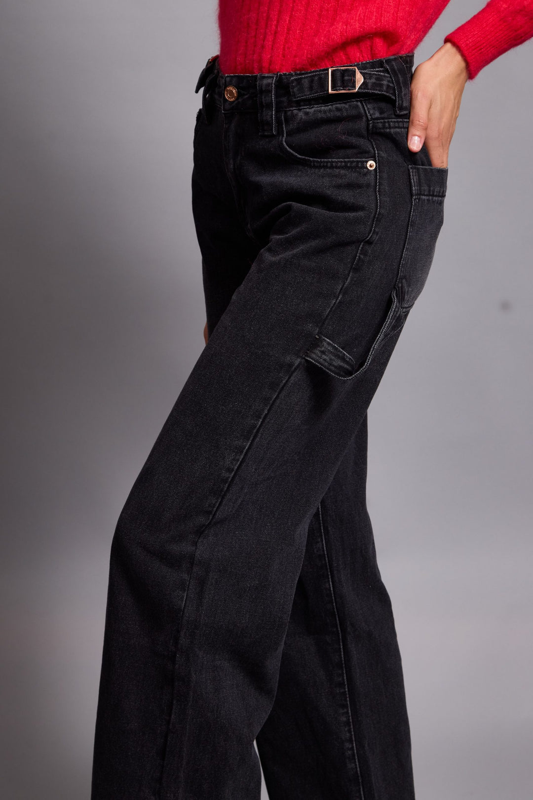 KATIE- STRAIGHT LEG CARGO PANTS IN BLACK DENIM