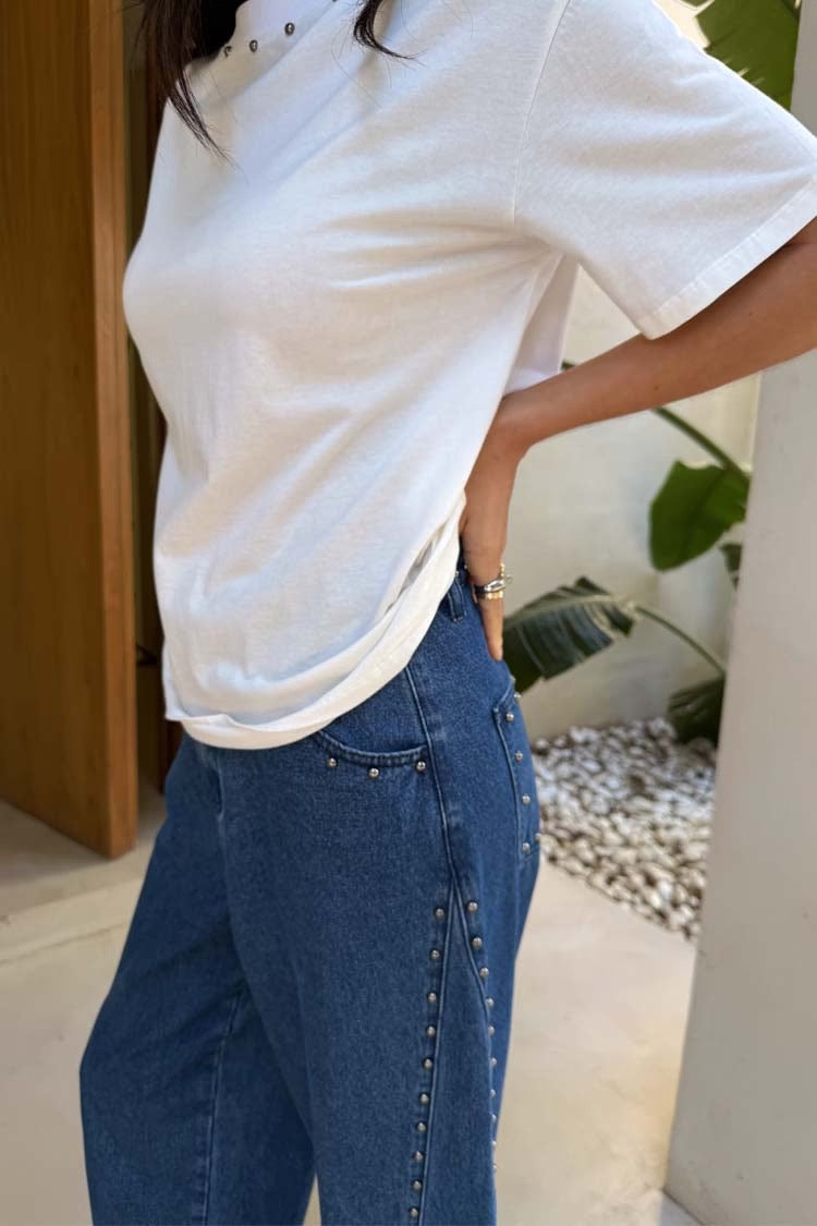 Blue Studded Barrel Jeans