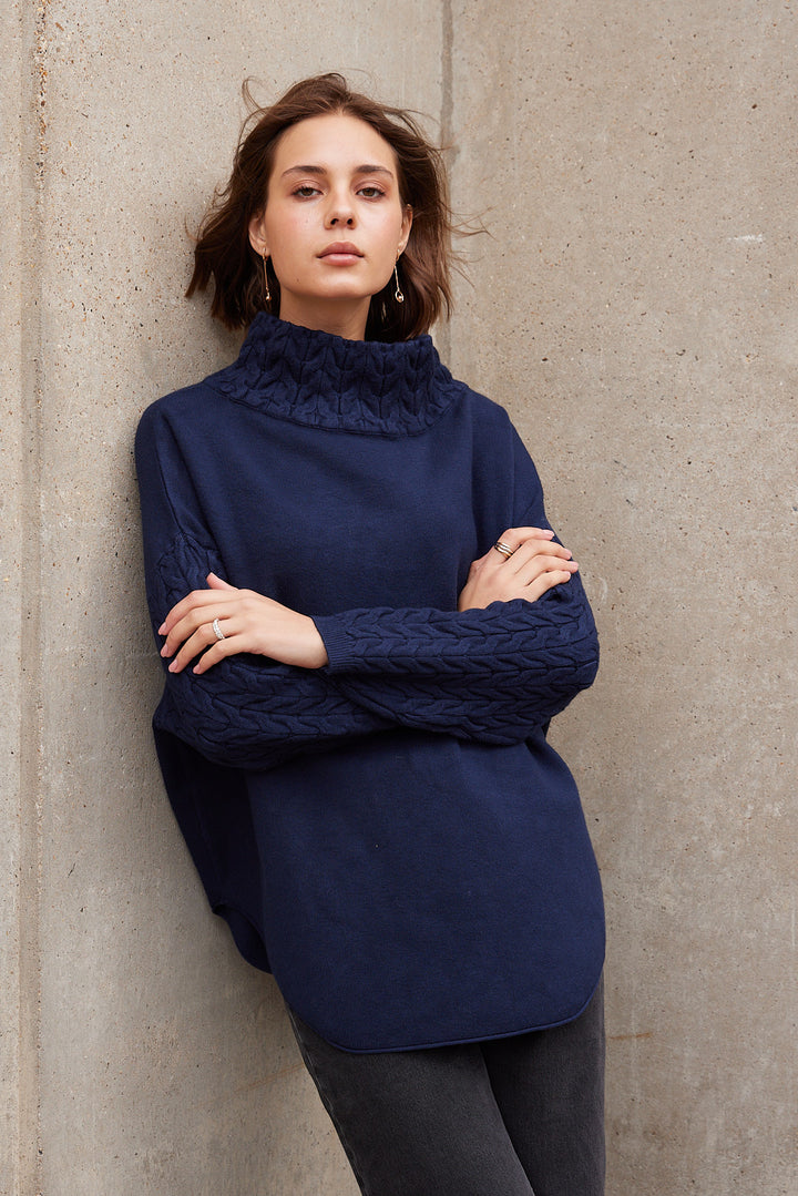 Tanya – Cable Knit mock rollneck Sweater In navy