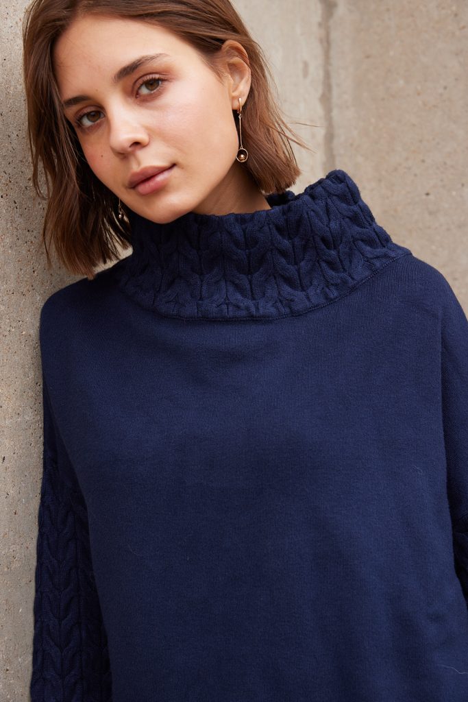 Tanya – Cable Knit mock rollneck Sweater In navy