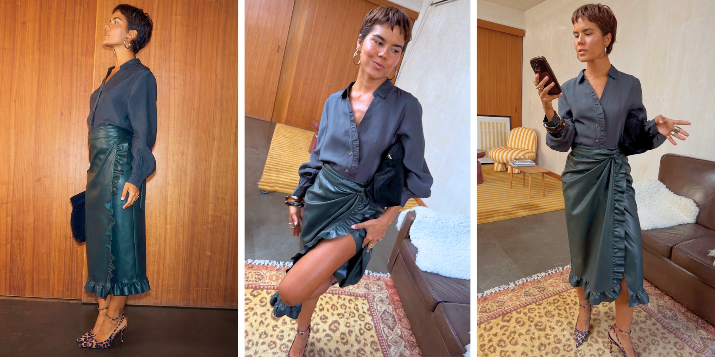 NFD Bottle Green Vegan Leather Ruffle Jaspre Skirt and Miley Shirt