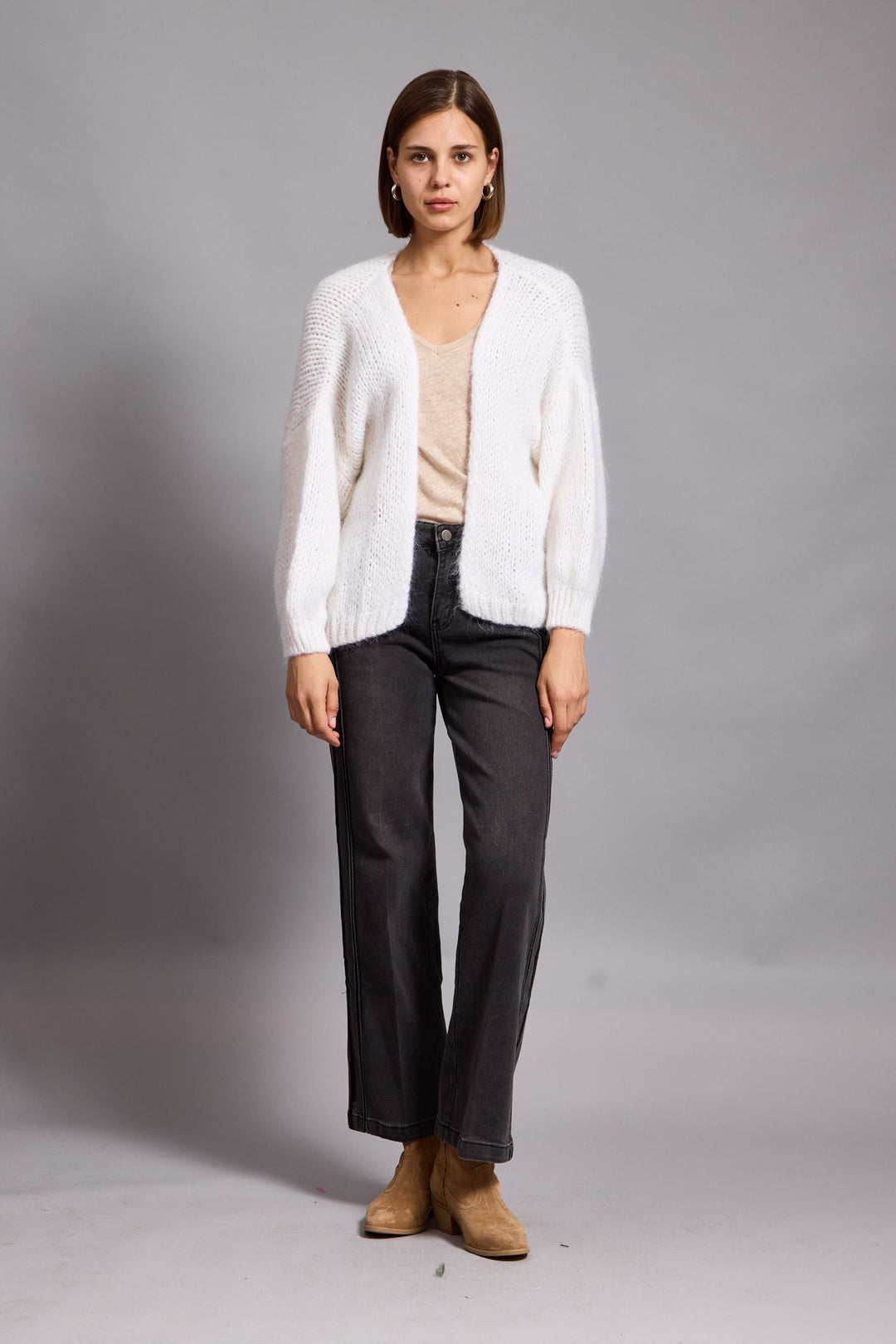 Gia- Wool Blend Open Front Cardigan In white