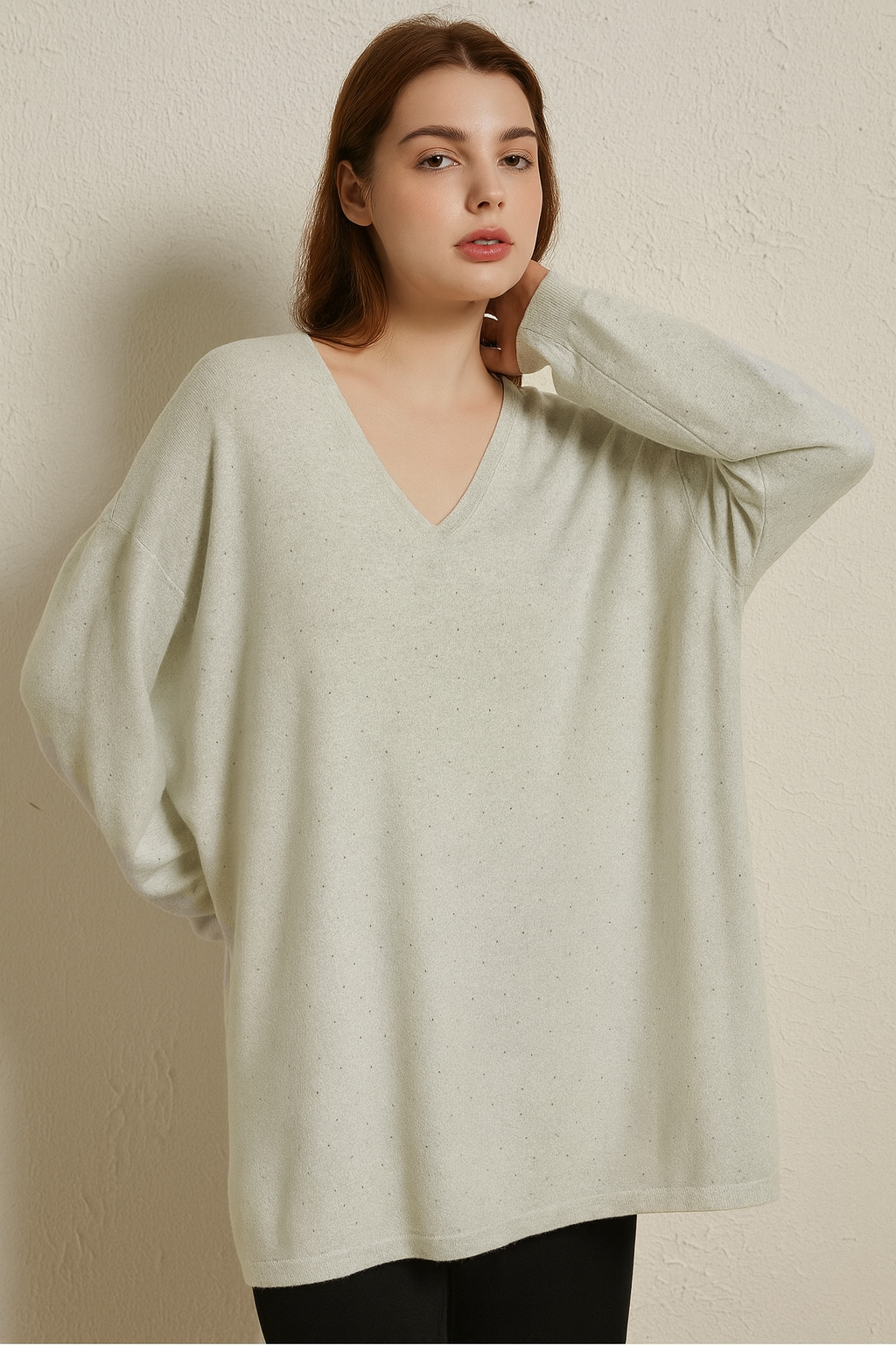 SOFT KNIT V NECK JUMPER WITH CRYSTALS White