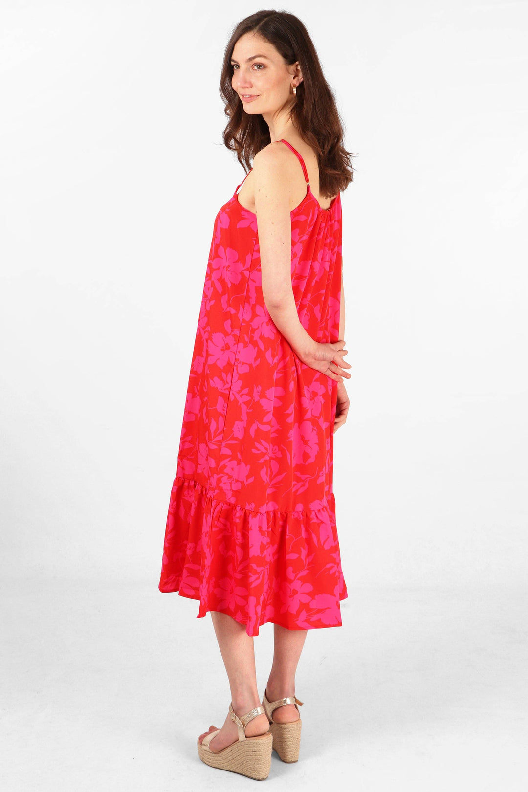 Tropical Floral Print Midi Tiered Slip Dress in Red Pink
