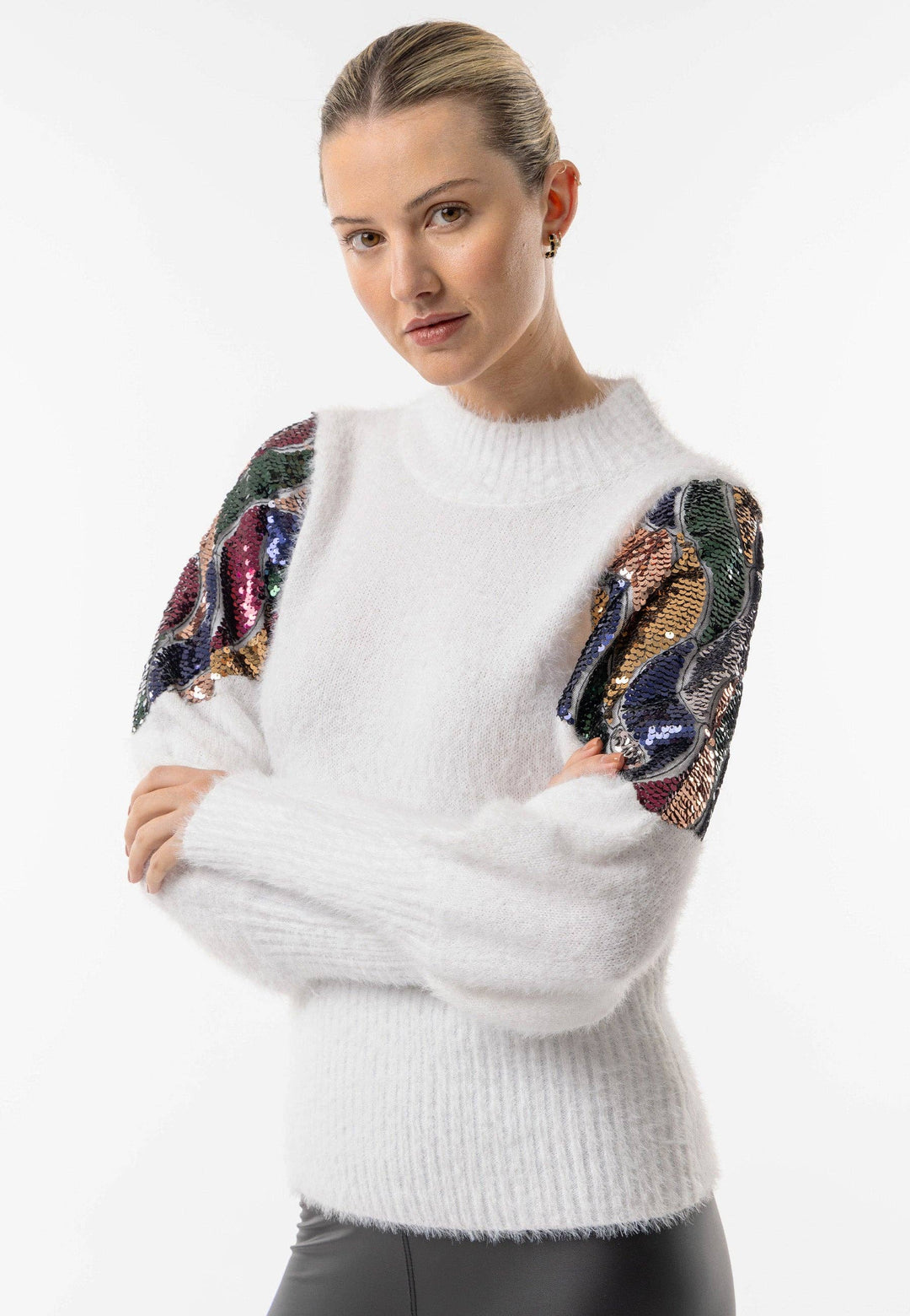 Mock Neck White Knit Jumper with Sequin Shoulder Detail: White
