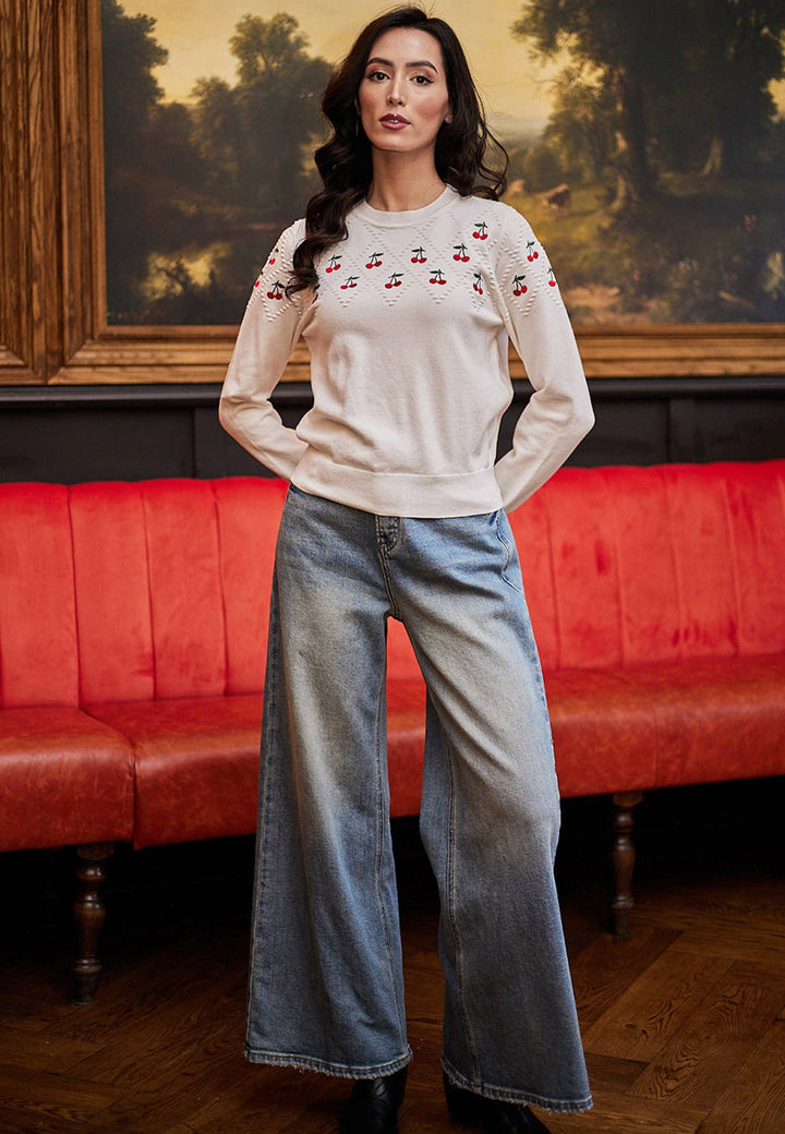 White Jumper With Cherry Embroidered Detail