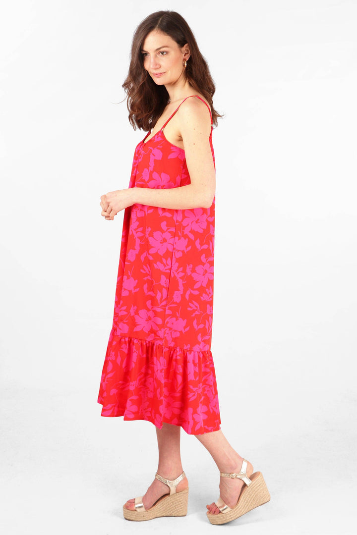 Tropical Floral Print Midi Tiered Slip Dress in Red Pink