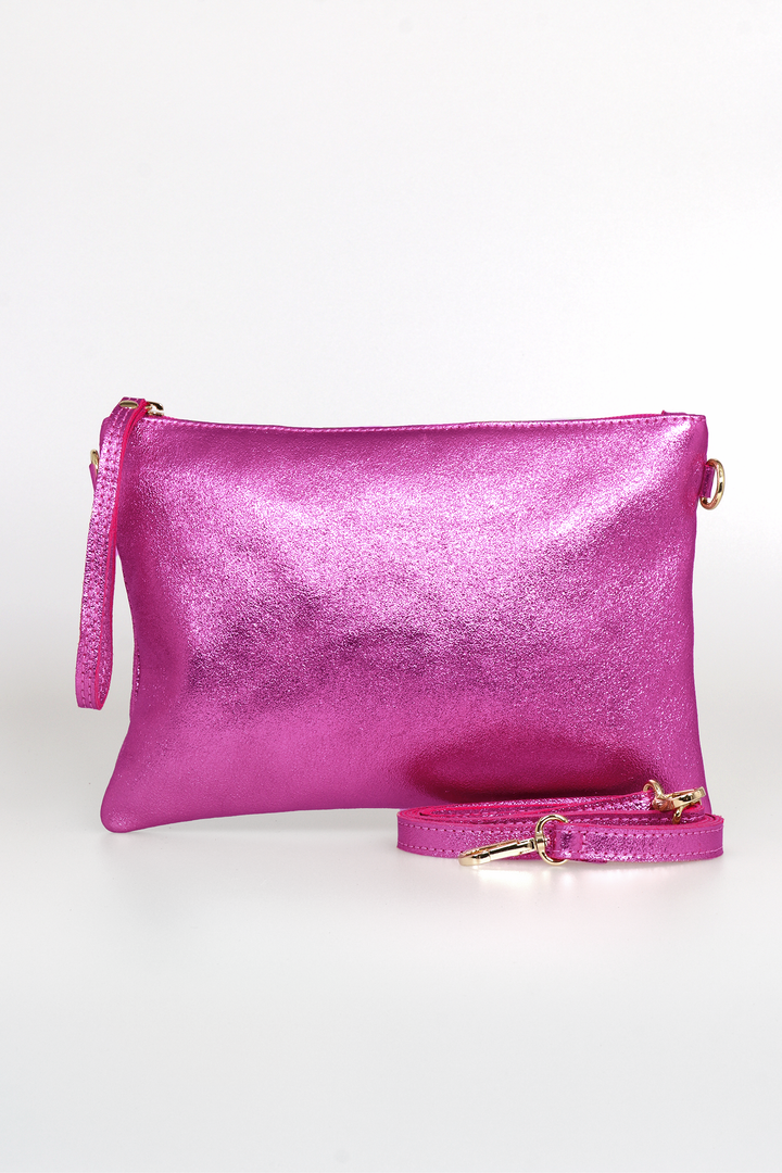 Jenna - Italian Leather Crossbody/Clutch Bag - pink , Metallic
