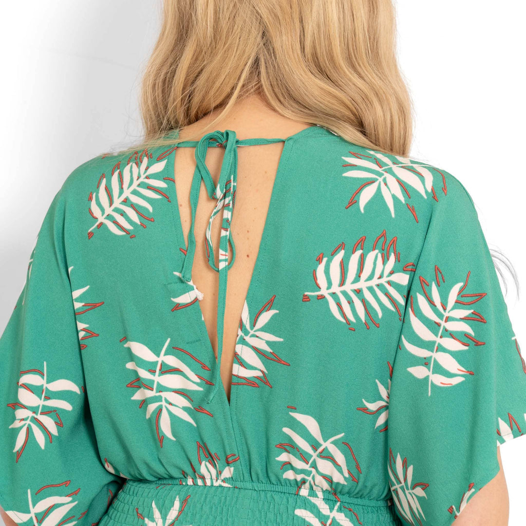 Palm Leaf Print Jumpsuit with Deep V Neckline in Green