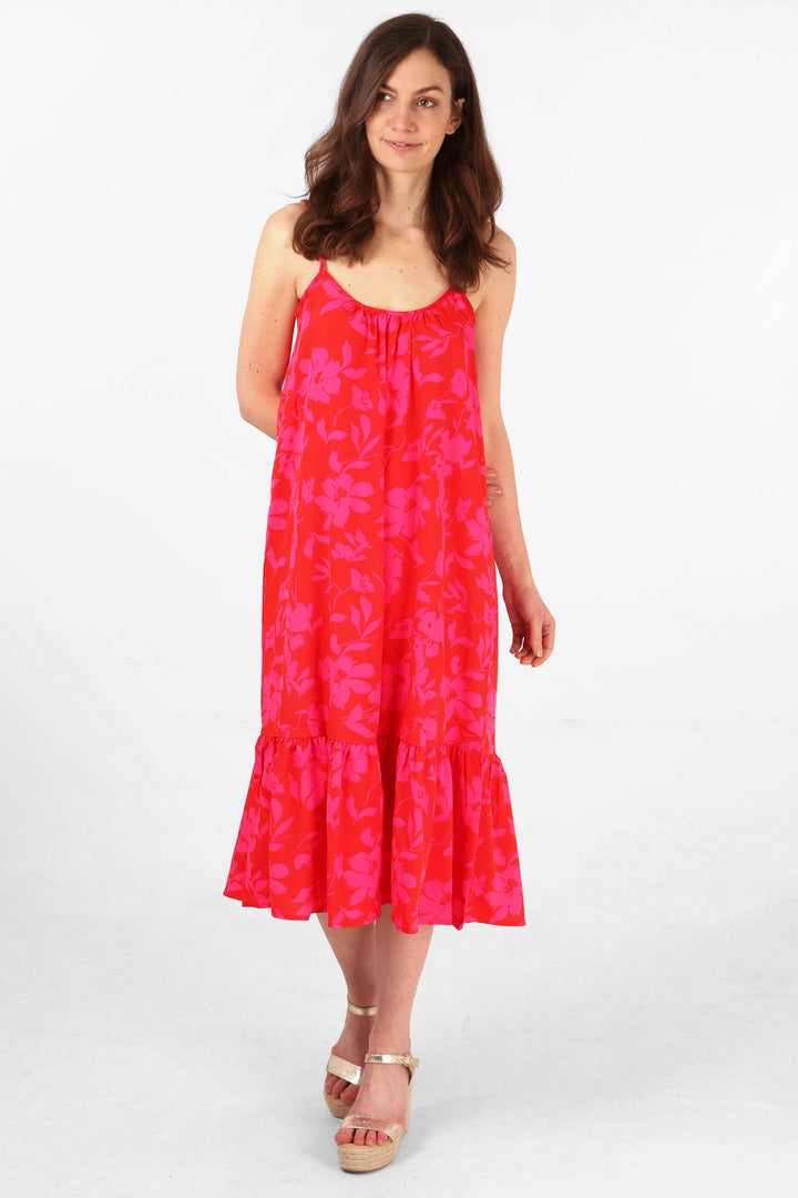 Tropical Floral Print Midi Tiered Slip Dress in Red Pink