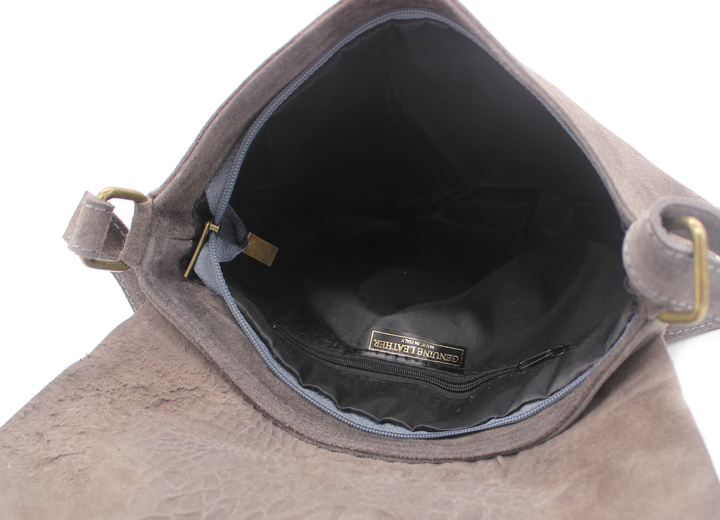 Italian Soft Suede Leather Croc Pattern Cross Body Bag Grey