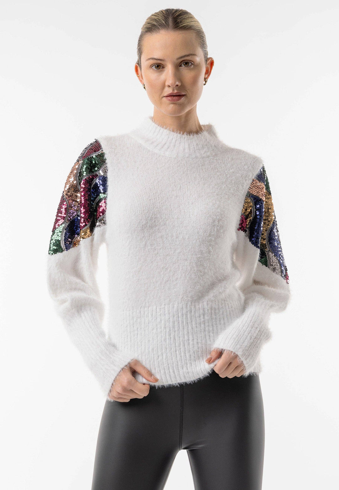 Mock Neck White Knit Jumper with Sequin Shoulder Detail: White
