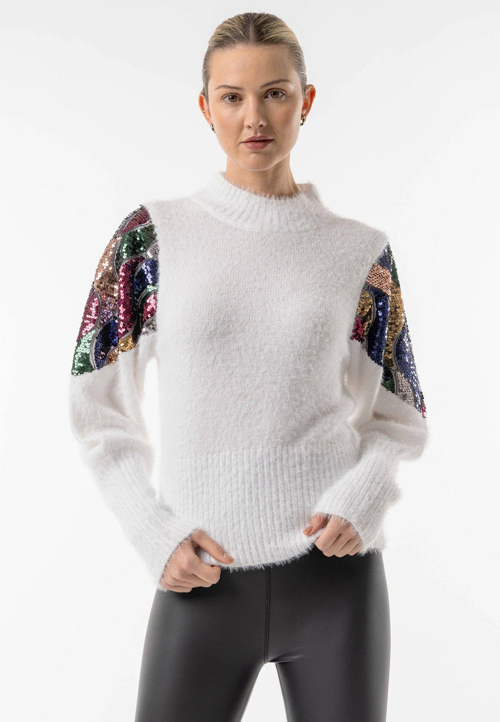 Mock Neck White Knit Jumper with Sequin Shoulder Detail: White