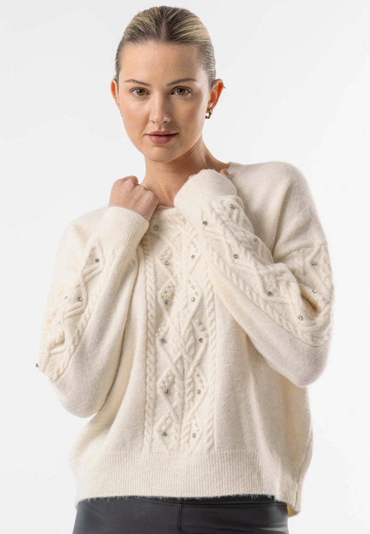 Cable Knit Gem Detail White Jumper: White
