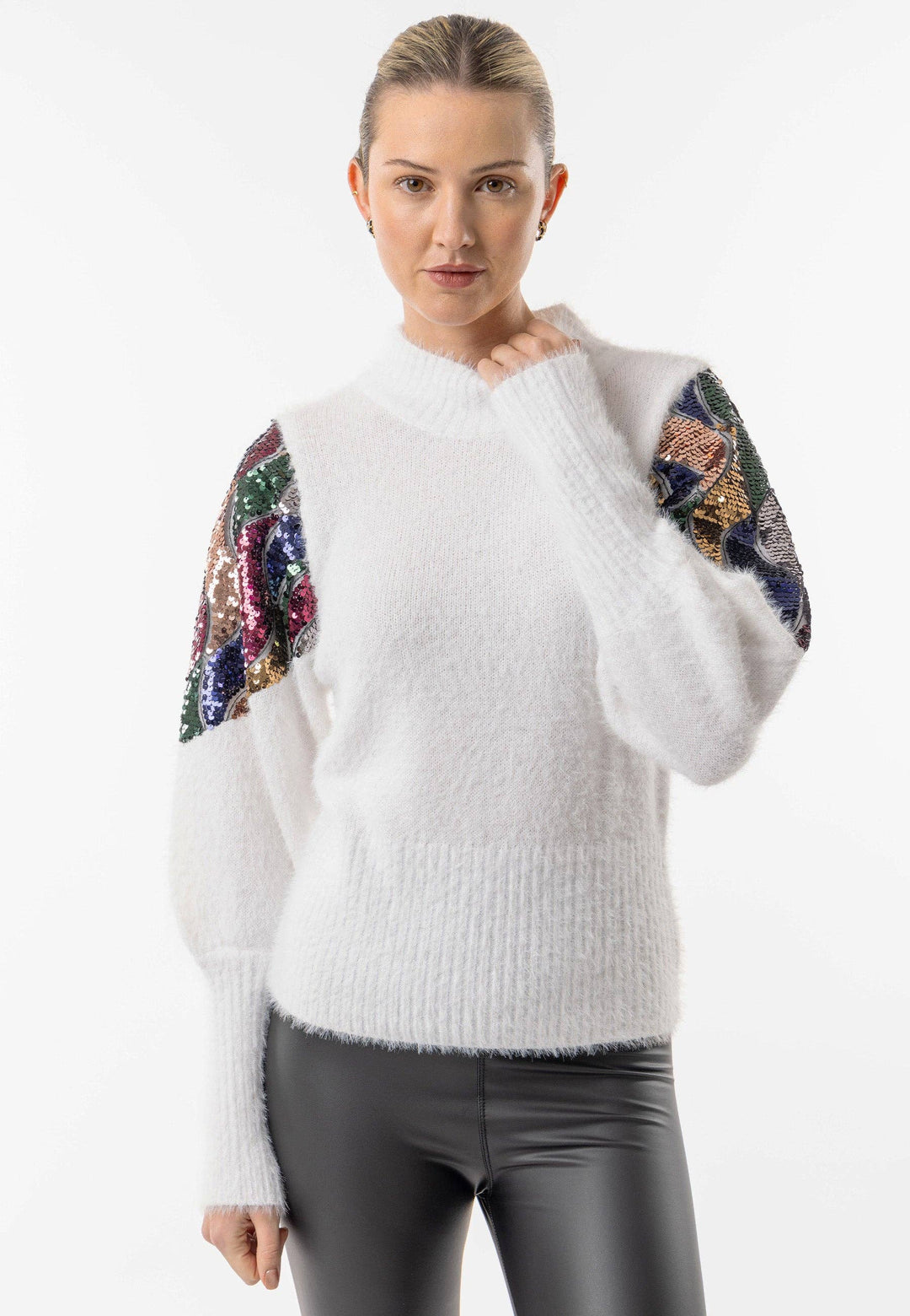 Mock Neck White Knit Jumper with Sequin Shoulder Detail: White