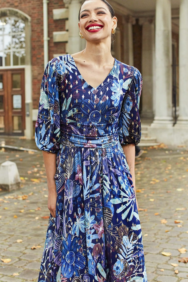 ESME MIDI DRESS MOONLIGHT BLUE GOLD PRINT