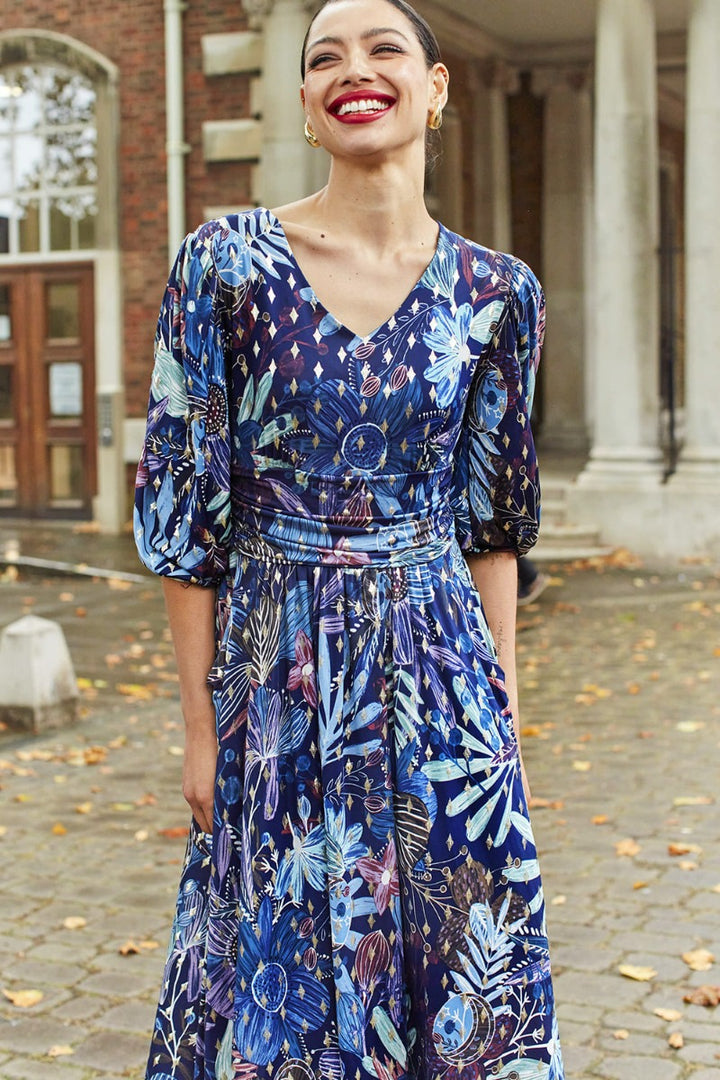 ESME MIDI DRESS MOONLIGHT BLUE GOLD PRINT
