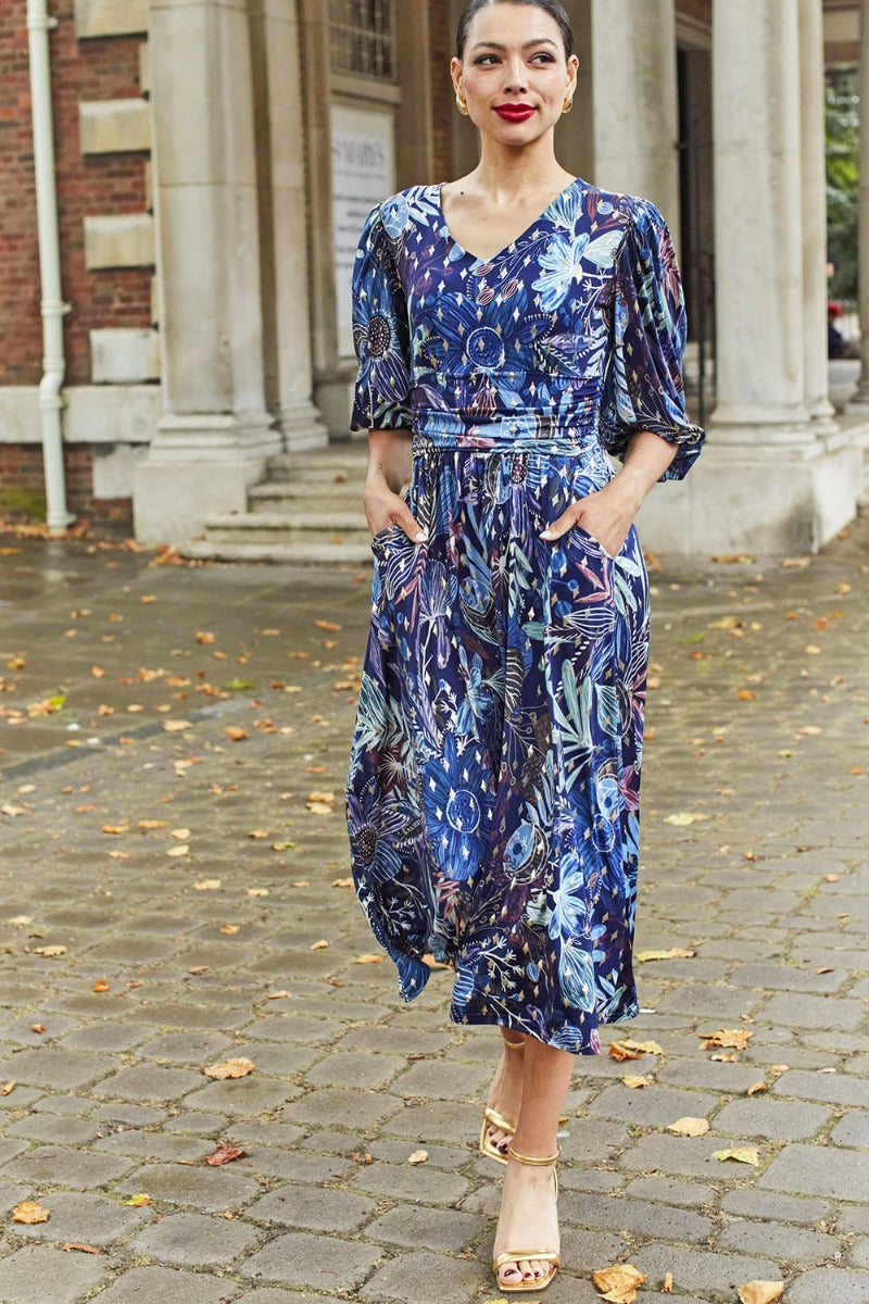 ESME MIDI DRESS MOONLIGHT BLUE GOLD PRINT