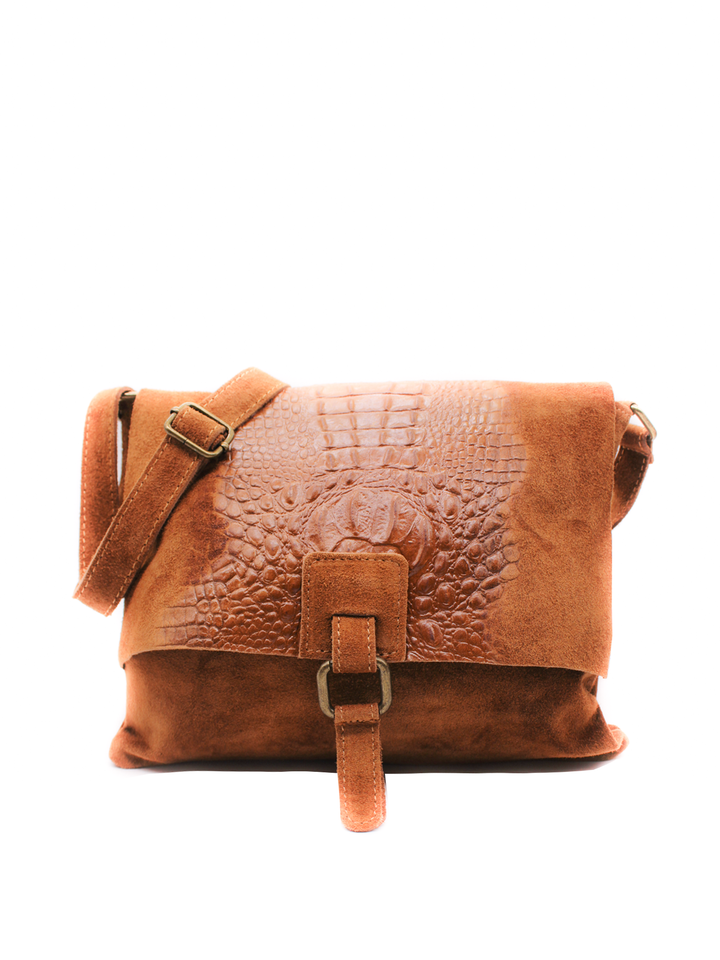 Italian Soft Suede Leather Croc Pattern Cross Body Bag Grey