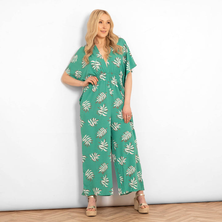 Palm Leaf Print Jumpsuit with Deep V Neckline in Green