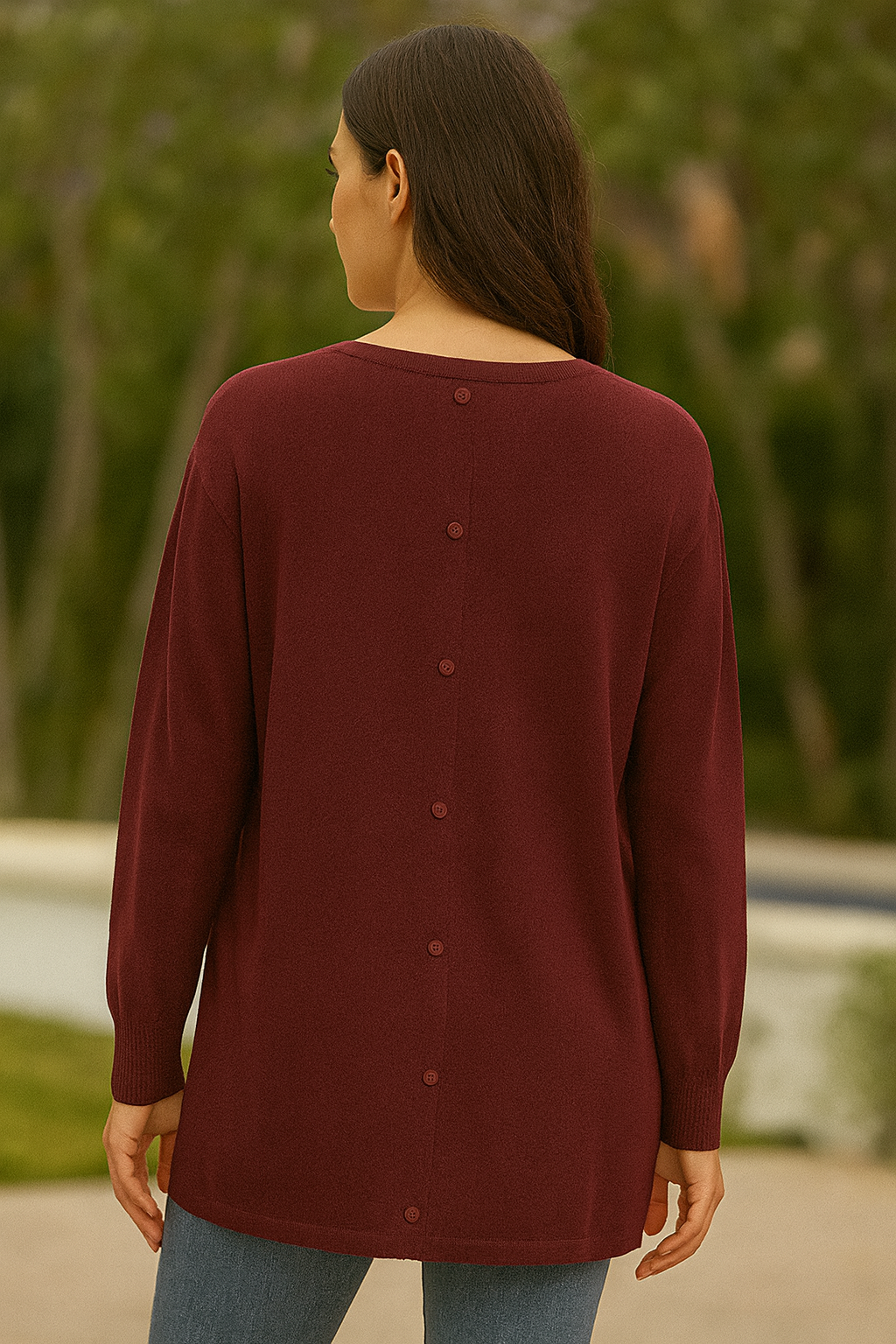 SOFT KNIT BASIC JUMPER WITH BUTTONS ALONG THE CENTRE BACK: Burgundy